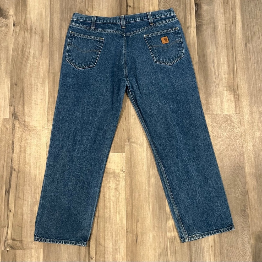 Carhartt Mens Jeans 40x30 Relaxed Dark Blue Denim Workwear Brown Pocket